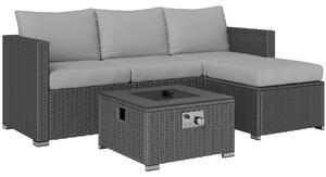 Outsunny Five Piece Rattan Garden Furniture Set with Gas Fire Pit Table and Footstool - Grey