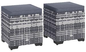 Outsunny Set of 2 Rattan Storage Ottoman, Outdoor Footstool with Removable Cushions, Garden Storage Seat for Balcony, Poolside, Living Room, Dark Grey