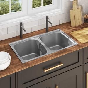 Kitchen Sink Double Basin with Strainer & Trap Stainless Steel