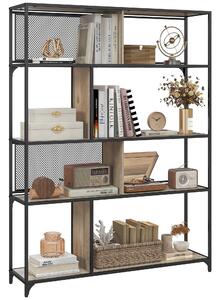 HOMCOM 5 Tier Book Shelf with Sliding Mesh Doors, Industrial Storage Shelves, Metal Shelving Unit for Living Room, Study, Bedroom, Grey Wood Grain