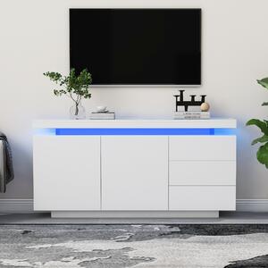 Sideboard Storage Cabinet with 16-Colour LED Lights, Display Cabinet for Living Room, 2 Doors and 3 Drawers, 140x35x72.5 cm, White Aosom UK