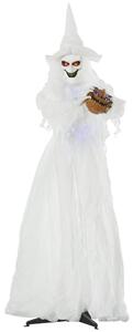 Outsunny 72 Inch Halloween Decorations White Witch Holding Pumpkin Head, Standing Skeleton Ghost Prop Life Size, Motion Activated Light Up Eyes Body