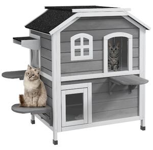 PawHut Solid Wood Cat Condos Pet House Water Proof Outdoor 2-Floor Villa, Grey Aosom UK