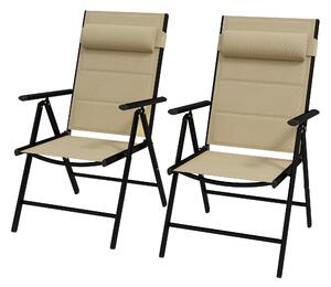 Outsunny Set of 2 Patio Folding Chairs w/ Adjustable Back, Garden Dining Chairs w/ Breathable Mesh Fabric Padded Seat, Backrest, Headrest, Khaki