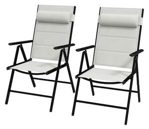 Outsunny Set of 2 Patio Folding Chairs w/ Adjustable Back, Garden Dining Chairs w/ Breathable Mesh Fabric Padded Seat, Backrest, Headrest, Light Grey