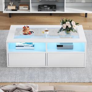 Smart Coffee Table with App-Controlled LED, USB Port and Glass Top, Practical Unit with 2 Drawers and Shelves,100L x 50W x 35H cm, White Aosom UK