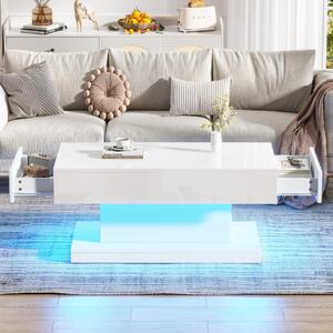 T-shaped Coffee Table with 2 Drawers and App-Controlled LED Strip, High-Gloss Centre Table for Living Room, 100L x 50W x 45H cm, White Aosom UK
