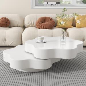 Flower-Shaped Coffee Table with 2 Shelves and Double-Tier Design, 360° Rotating Tabletop for Living Room, 75L x 67.5W x 31H cm, White Aosom UK