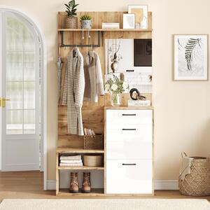 7-In-1 Coat Rack with 2 Shoe Compartments and Semi-open Shelves, High-gloss Cabinet with Mirror, 100L x 38.5W x 190H cm, White+Oak Aosom UK