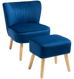 HOMCOM Velvet Accent Chair Occasional Tub Seat Padding Curved Back w/ Ottoman Wood Frame Legs Home Furniture, Dark Blue