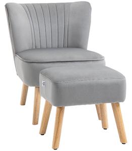 HOMCOM Velvet Accent Chair with Ottoman, Occasional Tub Seat, Curved Back, Wood Frame, Light Grey