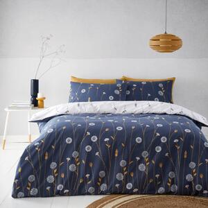 Scandi Floral Navy Duvet Cover and Pillowcase Set Navy Blue/White/Yellow