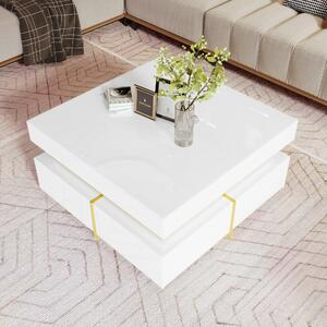 High-Gloss Coffee Table with Gold Accents and Drawers, Tea Table Perfect for Living Rooms and Apartments, 70L x 70W x 35.5H cm, White Aosom UK