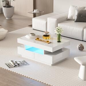 Elegant Coffee Table with High-Gloss Surface, LED Lighting and 4 Drawers, Side Table Ideal for Modern Elegance, 80L x 50W x 36H cm, White Aosom UK