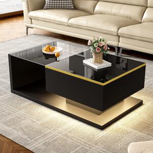 High-Gloss Black Coffee Table with Tempered Glass Top and LED Lighting, Tea Table Perfect for Modern Elegance, 90L x 50W x 32.5H cm, Black Aosom UK