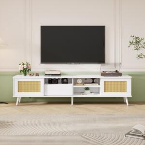 Modern Oak Rattan TV Cabinet Stand with 3 Open Storage Spaces and Cable Management, 2 Doors and 1 Drawer, Fit 90-inch TVs, 200x40x49cm, Oak Aosom.UK