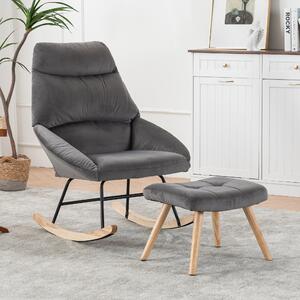 Footstool Armchair Rocking Chair with Soft Cushion and Wood Legs, High Back Upholstered Tub Recliner Chair with Footrest, 69x94x97 cm, Grey Aosom.UK