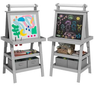 AIYAPLAY 3 in 1 Kids Easel Double-Sided Magnetic Whiteboard and Chalkboard with Paper Roll, Storage Baskets - Grey Aosom UK