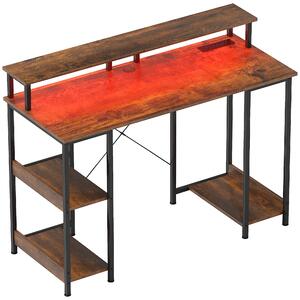 HOMCOM Computer Desk with Power Outlets and LED Lights, 120 x 50cm Reversible Home Office Desk with Monitor Stand and 2-Tier Shelves, Rustic Brown