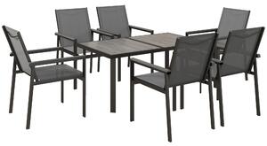 Outsunny 7 Pieces Garden Dining Set w/ Glass Top Dining Table, Outdoor Table and 6 Armchairs w/ Breathable Mesh Fabric Seats and Backrest