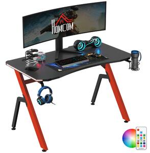 HOMCOM Ergonomic Gaming Desk, Racing Style Workstation with RGB LED Lights, Hook, Cup Holder, Controller Rack, Black Red Aosom UK