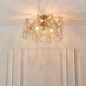 Osier 3 Light Semi Flush Ceiling Light In Aged Gold With Champagne Glass Teardrops