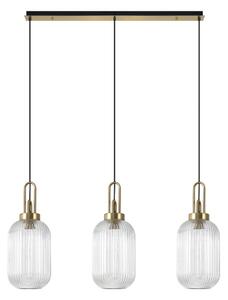 Glenn 3 Light Tubular Linear Pendant in a Brass Gold With Clear Ribbed Glass