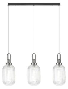 Glenn 3 Light Tubular Linear Pendant in Polished Nickel With Clear Ribbed Glass