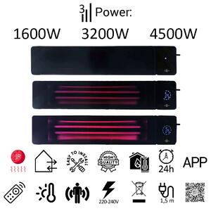 4500W/3200/1600 Watt ElectricSun black, Infrared Patio Heater, Indoor/Outdoor Use, with Thermostat and App, 100x18cm