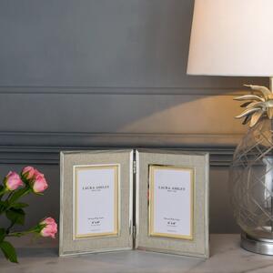 Laura Ashley Harrison Double Photo Frame In Polished Silver Finish With Natural Linen Detail 4x6 inch