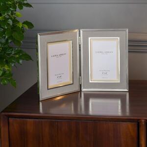 Laura Ashley Harrison Double Photo Frame In Polished Silver Finish With Grey Linen Detail 4x6 inch