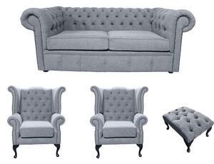 Chesterfield 2 Seater + 2 x Queen Anne Chairs + Footstool Verity Plain Steel Grey Fabric Sofa Suite