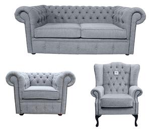 Chesterfield Handmade 2 Seater + Club Chair + Mallory Chair Verity Plain Steel Grey Fabric Sofa Suite