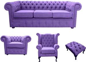 Chesterfield 3 Seater + Club Chair + Queen anne chair+Footstool Verity Purple Fabric Sofa Suite