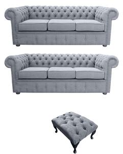 Chesterfield Handmade 3 Seater + 3 Seater + Footstool Verity Plain Steel Grey Fabric Sofa Suite