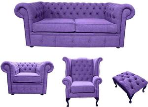 Chesterfield 2 Seater + Club Chair + Queen anne chair+Footstool Verity Purple Fabric Sofa Suite
