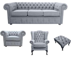 Chesterfield 3 Seater + Club Chair + Mallory Chair+Footstool Verity Plain Steel Grey Fabric Sofa Suite