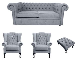 Chesterfield 2 Seater + 2 x Mallory Chair + Footstool Verity Plain Steel Grey Fabric Sofa Suite