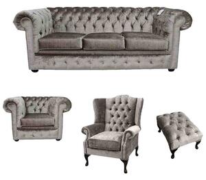 Chesterfield 3 Seater + Club Chair + Mallory Chair+Footstool Verity Silver Fabric Sofa Suite