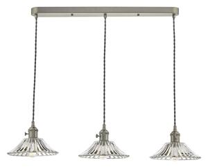 Dar Lighting Hadano 3 Light Bar Ceiling Pendant Light In Antique Chrome With Ribbed Glass Shades