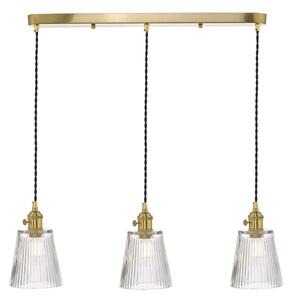 Dar Lighting Hadano 3 Light Bar Ceiling Pendant Light In Natural Brass With Ribbed Glass Shades