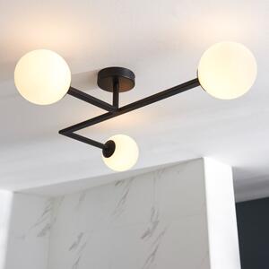 Freya Bathroom 3 Light Semi Flush Ceiling Light In Matt Black With Opal Glass Shades IP44
