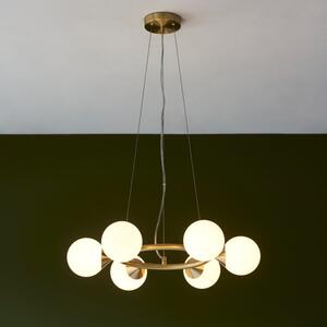 Teardrop 6 Light Ring Ceiling Pendant In Satin Brass Finish With Gloss White Glass Shades