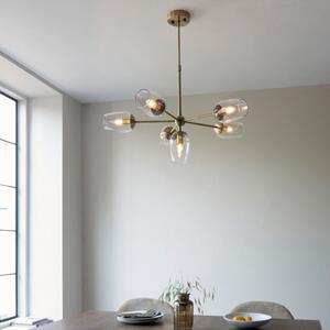 Slim 6 Light Ceiling Pendant Light In Antique Brass Finish With Clear Glass Shades