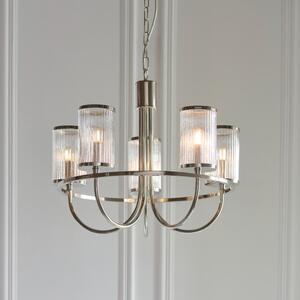 Belgravia 5 Light Ceiling Pendant Light In Bright Nickel With Ribbed Bubble Glass Shades