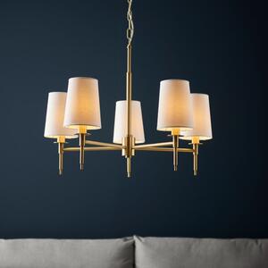 Classic 5 Light Ceiling Pendant Light In Satin Brass With Vintage White Fabric