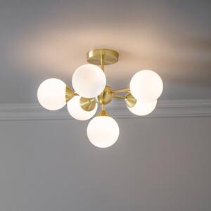Endon 76501 Oscar 6 Light Semi Flush Ceiling Light In Brushed Brass With White Glass