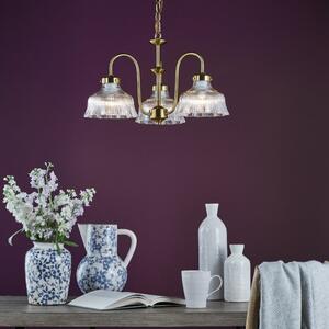 Dar Lighting Maude 3 Light Armed Ceiling Pendant In Natural Brass With Ribbed Glass