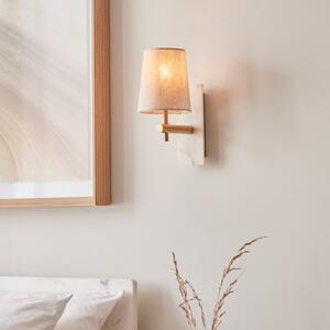 Modern Wall Light In Vintage Brass And White Marble With Natural Tapered Shade