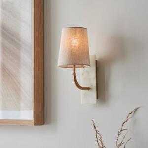 Modern Round Arm Wall Light In Vintage Brass And White Marble With Natural Tapered Shade